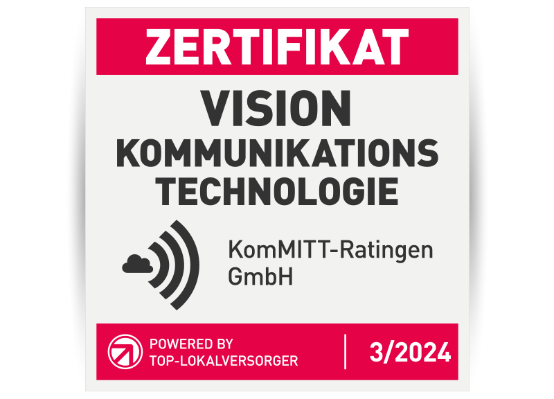 Als lokales Kommunikationsunternehmen treiben wir die Infrastruktur in Deutschland voran. Dafür wurden wir mit den Auszeichnungen „Vision Kommunikationstechnologie“ zertifiziert.